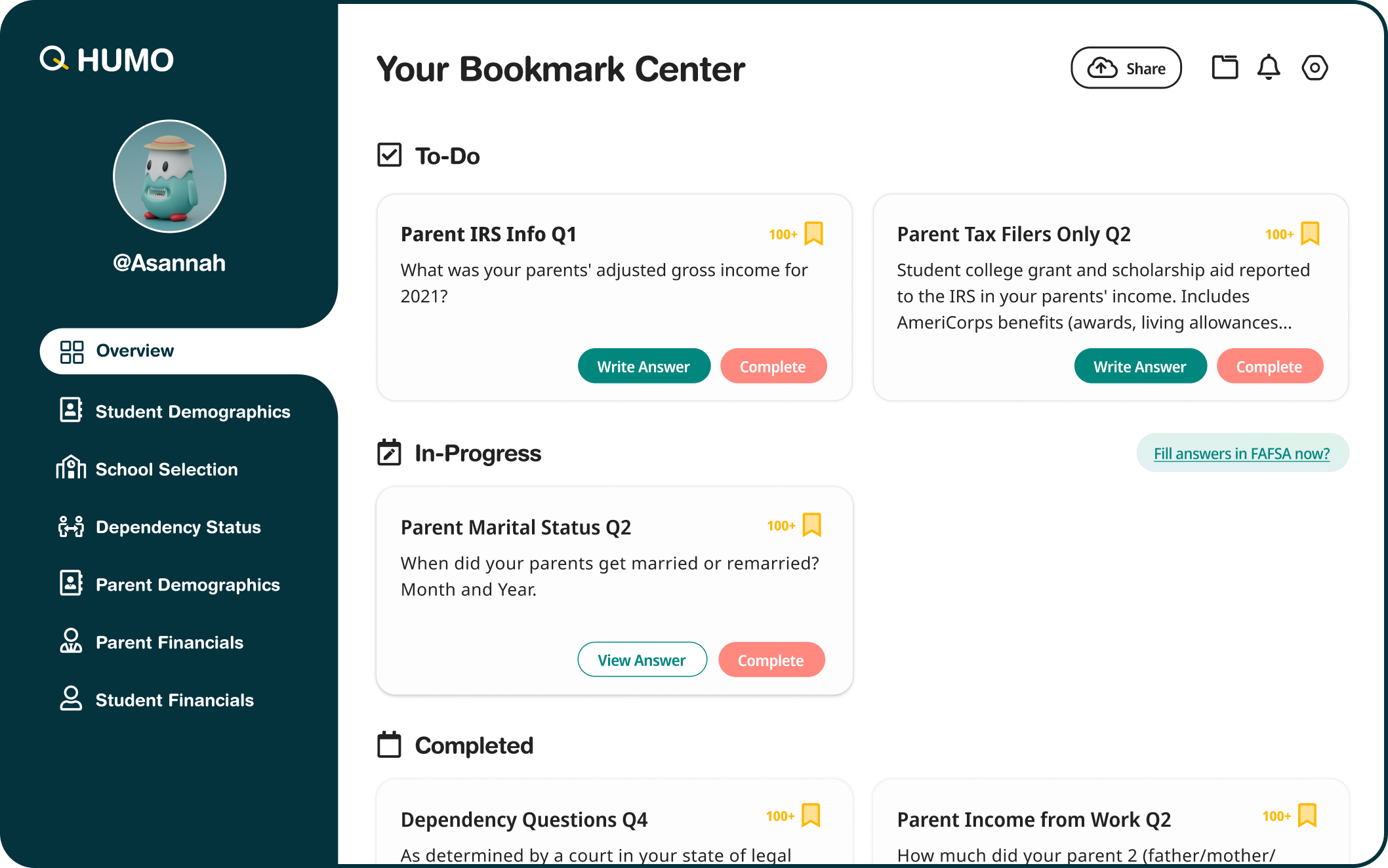 Humo bookmark center prototype