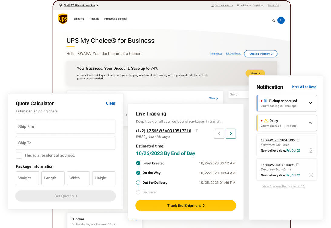 UPS My Choice for Business dashboard prototype
